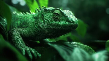 A close-up of a green lizard camouflaged among leafy foliage, showcasing its intricate scales and alert expression in a lush, vibrant environment.