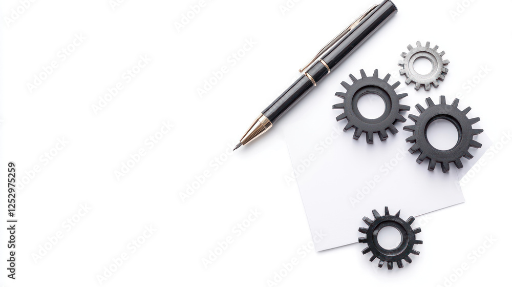 Poster gears and pen on notepad symbolize engineering and planning