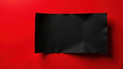A torn piece of black paper rests on a vibrant red background, creating a stark contrast and a compelling visual message.
