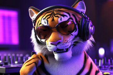 A stylized tiger wearing sunglasses and headphones, enjoying music in a vibrant DJ studio setting