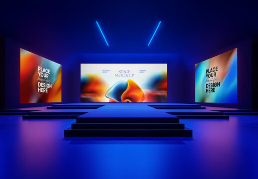 Illuminated Stage Mockup: Perfect for Event Branding, Presentations, Trade Shows, Exhibitions, and Indoor Screen Banners
