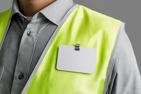 Close-up of a blank white name badge attached to a bright yellow safety vest. placeholder and safety