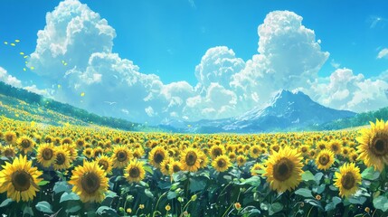 Fototapeta premium Vibrant Sunflower Field Under Blue Sky with Fluffy White Clouds