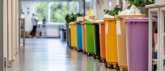 Colorful recycle bins hallway office building