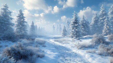 Serene winter landscape with snow-covered trees and a misty atmosphere creating a peaceful and magical scene