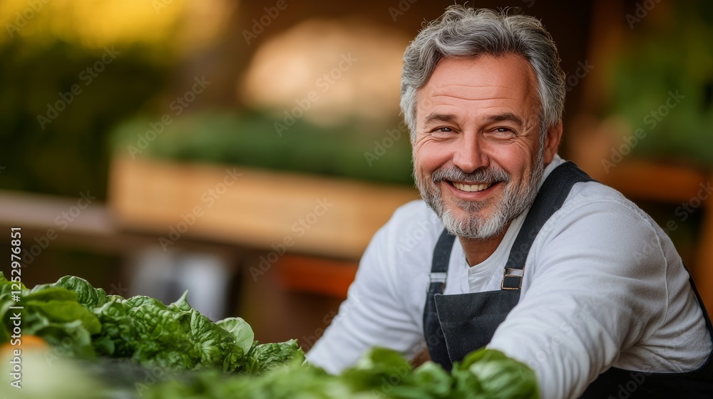 Poster man is smiling and posing with a bunch of greens