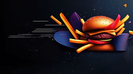 An eye-catching food delivery advertisement with a high-resolution burger and fries, glowing call-to-action button, and special promo code overlay.