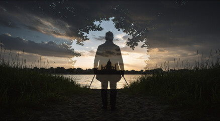 A silhouette of a person standing by a body of water under a tree.