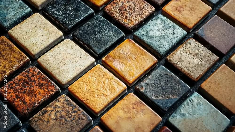Poster intricate patterns of artisanal tiles showcasing earthy tones and unique textures in a close-up view
