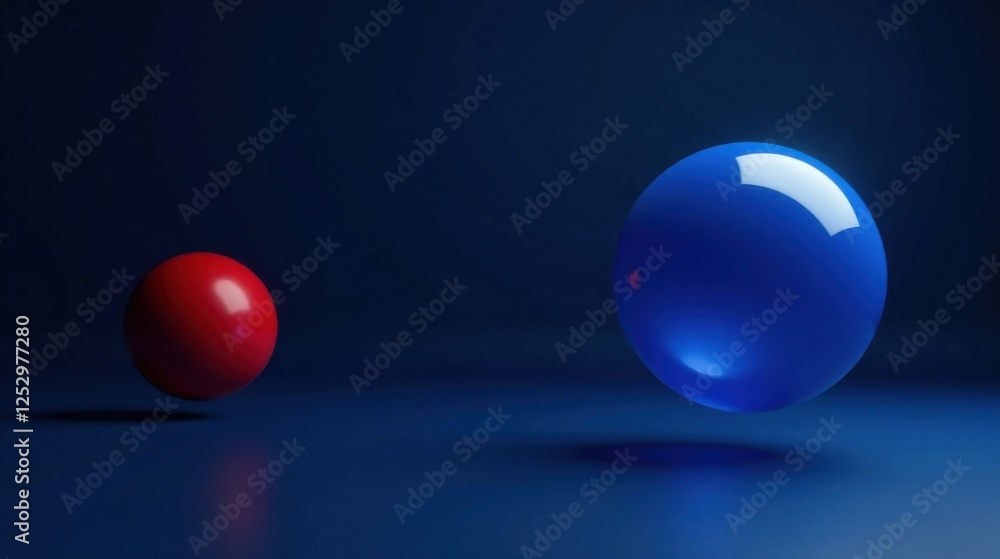 Poster abstract composition featuring a small red sphere and a larger blue sphere on a dark blue background