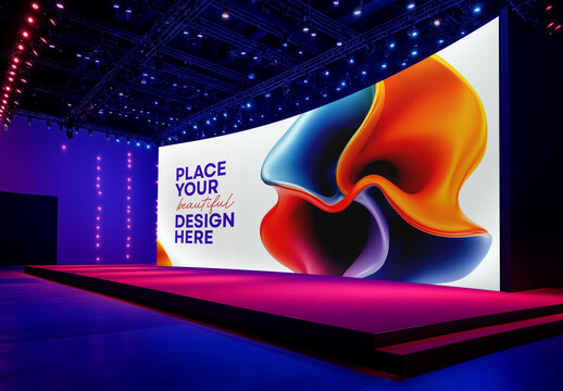 Illuminated Stage Mockup: Perfect for Event Branding, Presentations, Trade Shows, Exhibitions, and Indoor Screen Banners