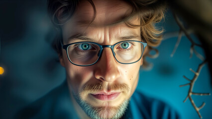 a man with glasses in the dark
