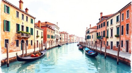 Obraz premium Serene Canal Scene Gondolas Glide Past Colorful Buildings on a Calm Waterway, Reflecting the Sky and Architecture