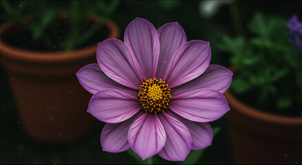 A close up of a purple flower with a yellow center.