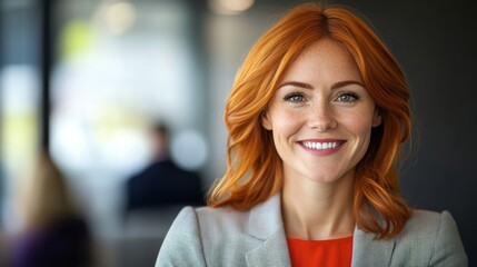Fototapeta premium Woman with red hair and a smile on her face