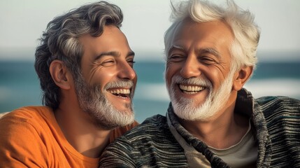 Two men are smiling and laughing together on a beach