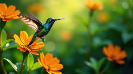 Naklejka premium A Vibrant Hummingbird in Flight, Gracefully Hovering Near Bright Orange Blossoms in a Lush Garden, Capturing the Essence of Nature's Beauty