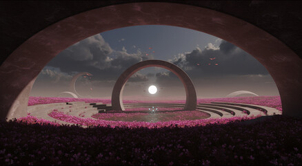 A surreal landscape with a large, circular archway in the middle of a field of flowers.