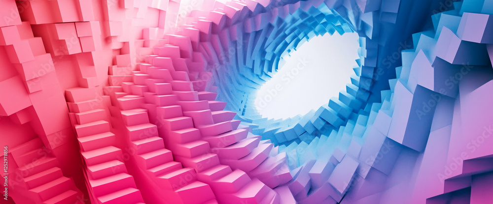 Poster a colorful abstract spiral staircase design featuring alternating pink and blue hues, symbolizing de