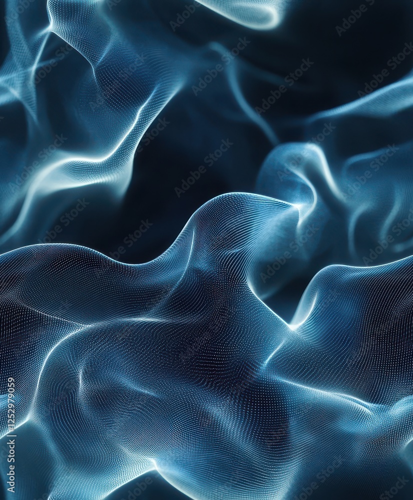 Poster an abstract wave background with fluid dynamic motion, glowing blue lines flowing across a dark futu