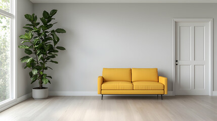 Minimalist living room, yellow sofa, plant, design