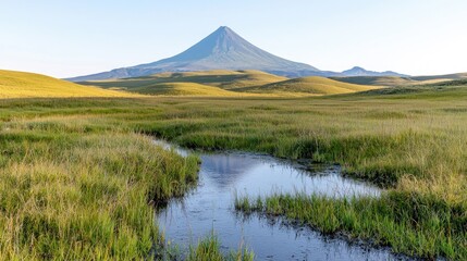 Volcanic landscape, stream reflection, Kamchatka