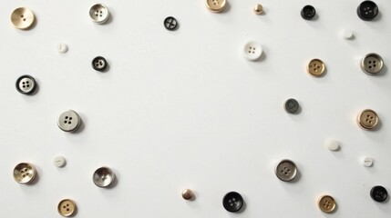 A Scattered Collection of Assorted Buttons on a Plain White Surface Featuring a Variety of Shapes, Sizes, and Metallic Finishes