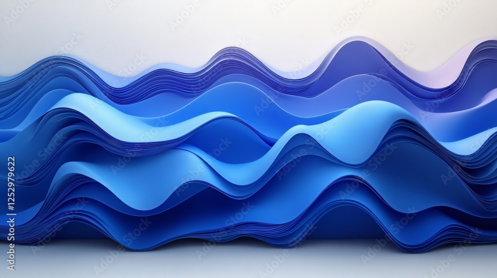 Poster striking blue abstract composition with fluid wave-like curves flowing seamlessly across design