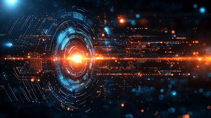 Abstract tech background with glowing center and digital circuit design for technology use.