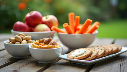 Healthy snack platter with apples, carrots, nuts, and hummus on a wooden table