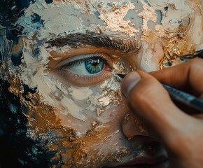 Creating intricate details on a painted face during an artistic performance in a vibrant studio...