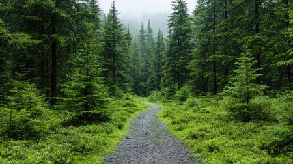 Fototapeta premium Rainy forest path, trees, nature trail, tranquil scene, travel