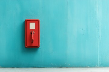 Minimalistic red emergency switch on a bright turquoise wall. Industrial safety.