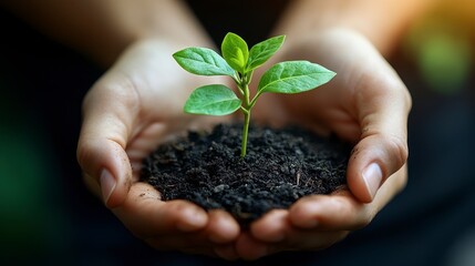 Hands holding young plant, growth, nature, soil, background blurred