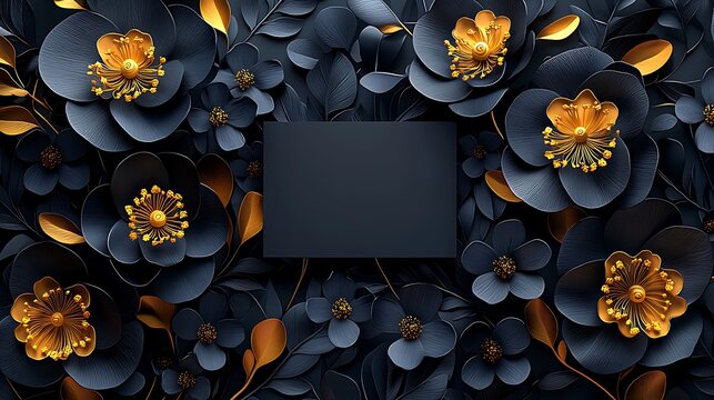Black floral pattern background with gold accents, used for presentations or decoration.