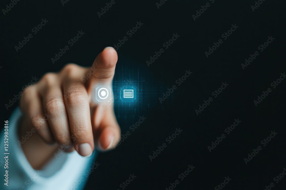 Poster hand touching digital interface buttons, representing technology, innovation, and interaction with m