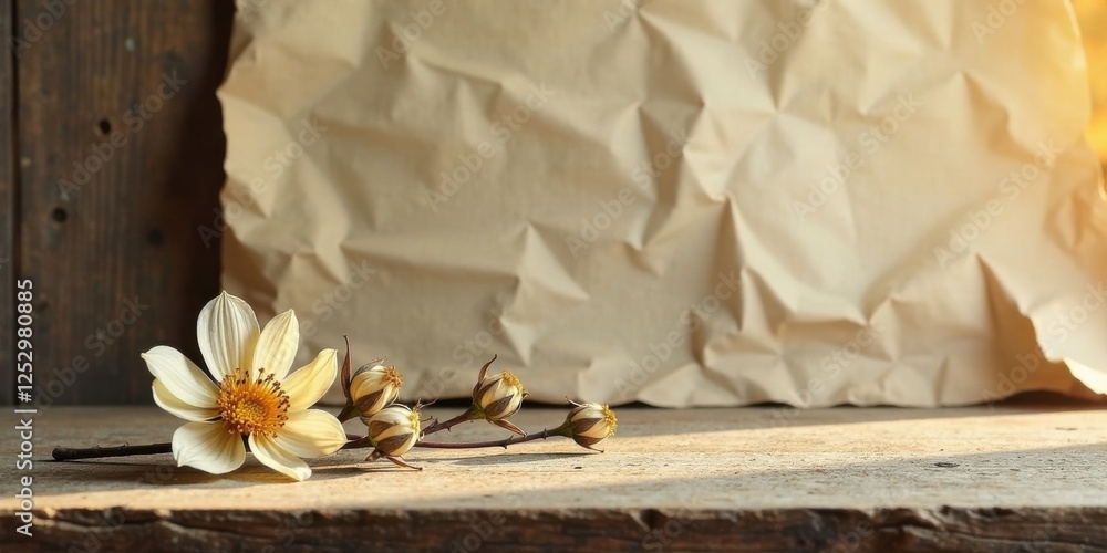 Poster A delicate single bloom and unopened buds rest on weathered wood, juxtaposed against a backdrop of subtly textured paper in warm, inviting light.