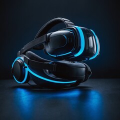A cutting-edge VR headset with neon blue accents, levitating in the air.