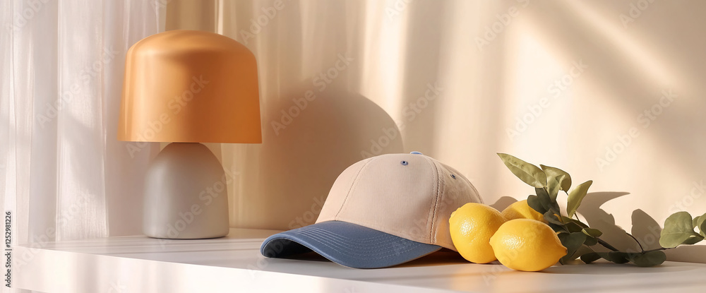 Poster a beige cap, fresh lemons, and a modern orange lamp placed on a table in a stylish interior, creatin