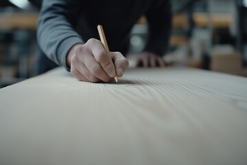 Craftsman's hand sketching on wooden surface in a workshop setting. Creative design and woodworking themes.