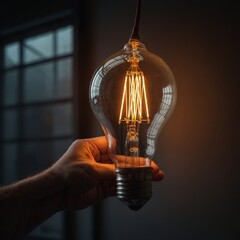 A translucent glass light bulb glowing with a warm filament light.