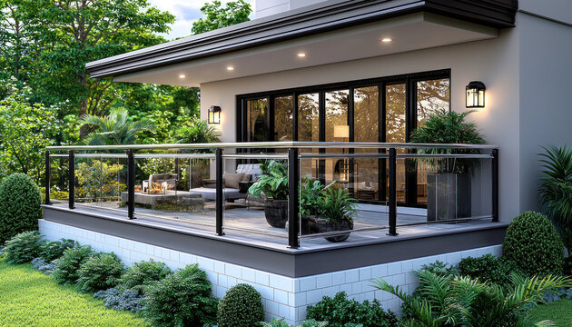 Modern house deck with glass railing, evening scene, outdoor living
