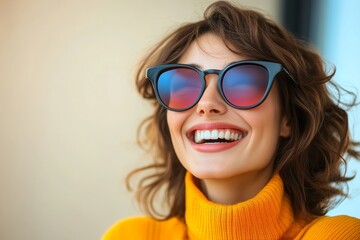 Naklejka premium Woman wearing sunglasses and a yellow sweater is smiling