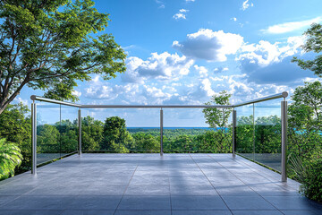 Empty balcony overlooking lush green landscape under blue sky