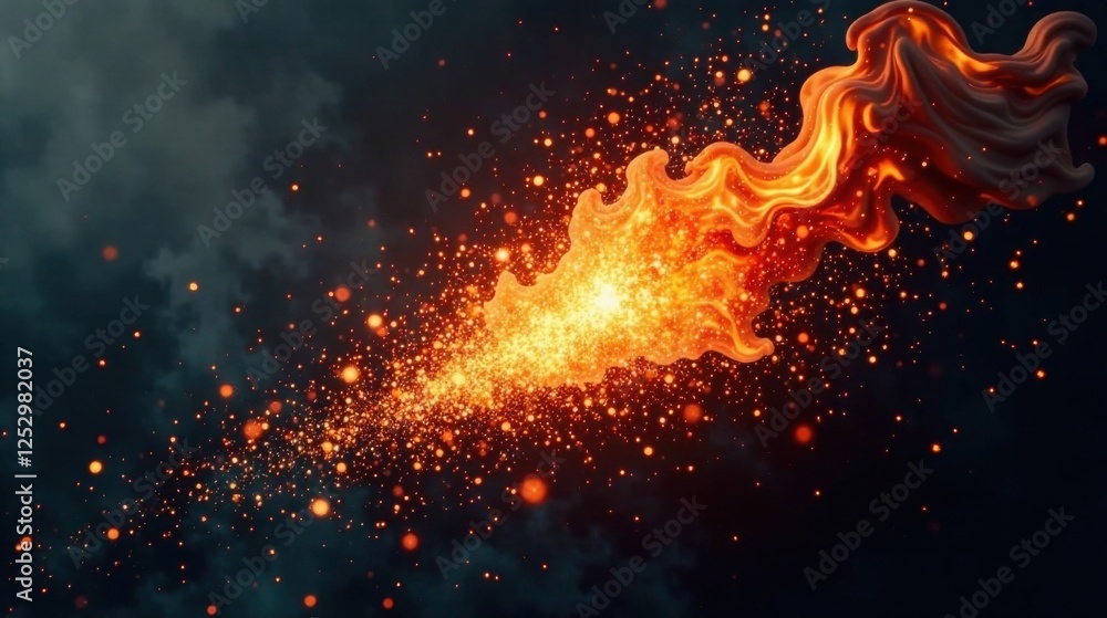 Poster fiery orange abstract wave with glowing particles against a dark background