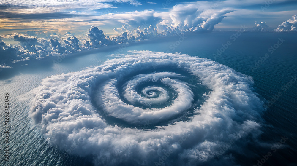 Poster a spiral cloud formation in the sky above the ocean, creating a natural vortex-like shape. the image