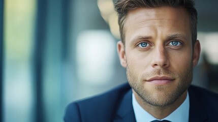 Confident businessman portrait, office background, headshot