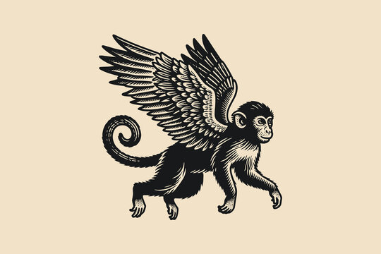 Flying monkey with wings in vintage surreal vector engraving style