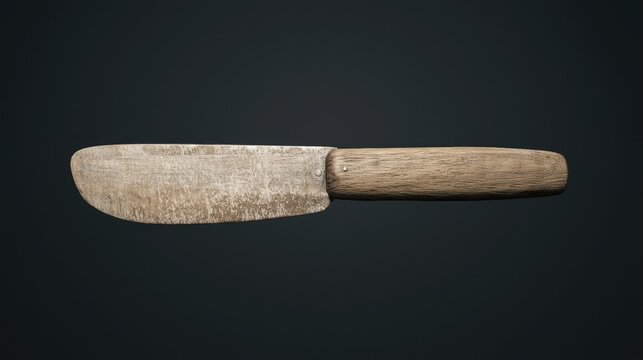Rustic wooden-handled knife on black background; food prep, cooking