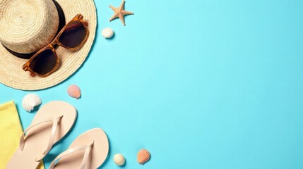 Summer Vacation Essentials Sun Hat, Sunglasses, Flip-Flops, and Seashells on a Blue Background